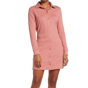 Wayf Ribbed Button-Up Mini Shirt Dress in Mauve NWT